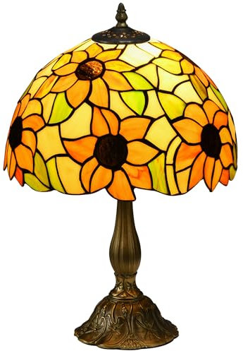 HOMCOM Stained Glass Table Lamp, Handmade Antique Bedside Lamp for Bedroom, Living Room, Home, Nightstand, Decorative Night Light, Orange Sunflower