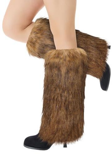 XEPST Damen Kunstpelz Beinwärmer Plüsch Beinwärmer, Mädchen Furry Fuzzy Beinwärmer Winter Stulpen Damen für Winterwärmer Karneval Halloween Fasching Mottoparty Verkleidung, Kaffee + Schwarz