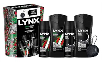 Lynx THE SUPREME SQUAD Africa Bodyspray 150ml and Body Wash 225ml & Black Bodyspray 150ml and Body Wash 225ml 4 Pieces Gift Set for Him with Shower Tool