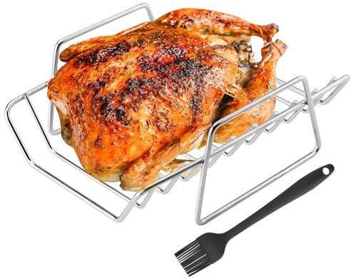 SHIKORI BBQ Rib Rack for Smoker, Rib and Roast Racks for Smoking and Grilling, Turkey Roasting Rack Accessories, Dual-Purpose Stainless Roaster Rack Works for 18 or Larger Grills (Silver)