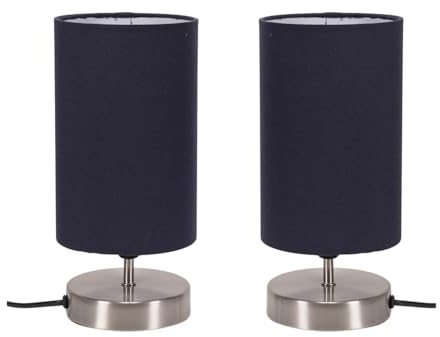 ValueLights | Brushed Chrome Cylinder Touch Dimmer Table Lamp with Navy Blue Fabric Shade | Home Décor, Bedside & Desk Lamp