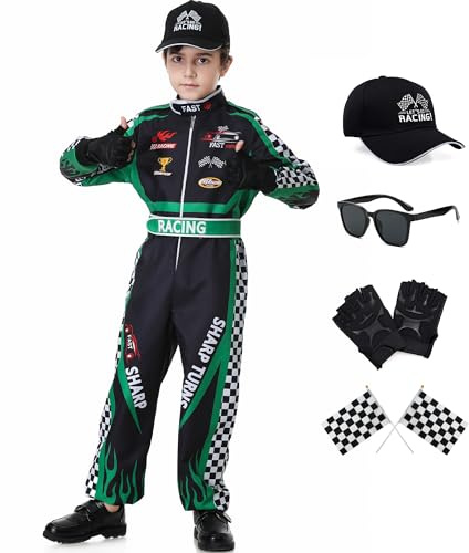 Dzorim Costume da Pilota di Auto, Abbigliamento per Piloti da Corsa, Dress Up con guanti Occhiali da sole Berretto (Verde, 150)
