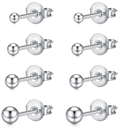 LAURITAMI 4 Paires Boucles d'oreilles Set 3-6mm Boule de Clous d'oreilles Argent,20G Acier Chirurgical piercing helix tragus Médicaux Cartilage pour Femme et Homme Piercings Multiples Bijoux