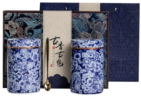 Organizador de Bolsitas de Té Contenedor de almacenamiento de té a granel, lata sellada de porcelana azul y blanca, lata de té vacía, juego de caja de regalo de una o dos latas Organizador de Té Conte