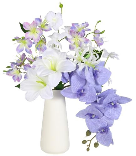 Hawesome Artificial Flowers in Vase Fake orchid Flowers with Vase Fake Floral for Table Centerpieces,Artificial Orchid for Baby Shower, Home Kitchen Office Coffee Shop Decorations (Purple White)