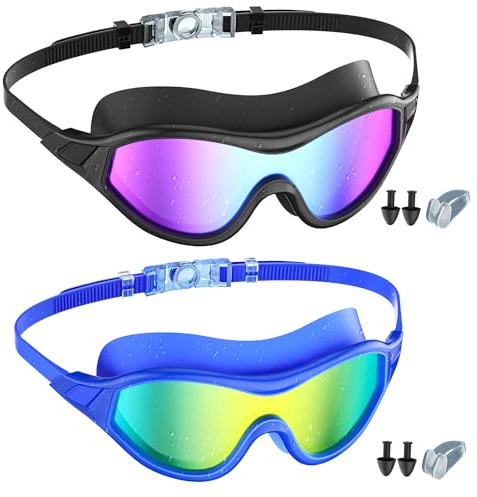 Estefanlo Swimming Goggles, 2 Pack Swimming Goggles Kids 6-14, Goggles Swimming Adult, Kids Swimming Goggles Anti Fog Swimming Goggles (light black+light blue)