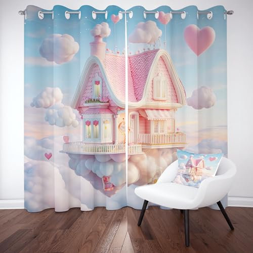 Kioldoq Fantasy Wolken Blickdicht Vorhang 2er Set, Prinzessin Märchen Verdunklungsvorhänge mit Osen 175x140 cm, Schön Mädchen Thermovorhang Kälteschutz, Schlafzimmer, Kinderzimmer