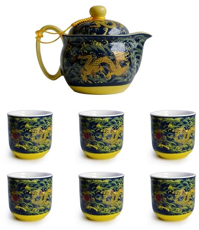 Théière en porcelaine de Chine de 355 ml avec infuseur à purée en acier inoxydable motif dragon pour thé en vrac (bleu marine)