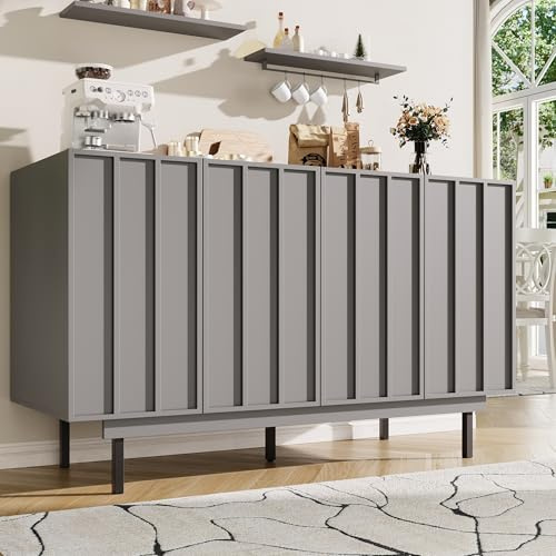 Merax Sideboard 140cm, Küchenschrank Buffetschrank mit 4 Türen, Küchenbuffet mit Verstellbaren Regalen, Aufbewahrungsschrank mit Designtür, Metallbeine, für Wohnzimmer, Küche, Esszimmer, Flur, Grau