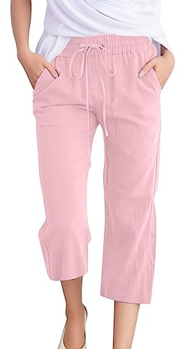 Pantalones Mujer Verano Rectos Lino de Algodón Cintura Alta Elástica con Cordón Pantalones Capri Ligeros Casual 3/4 Pantalón con Bolsillos para Playa