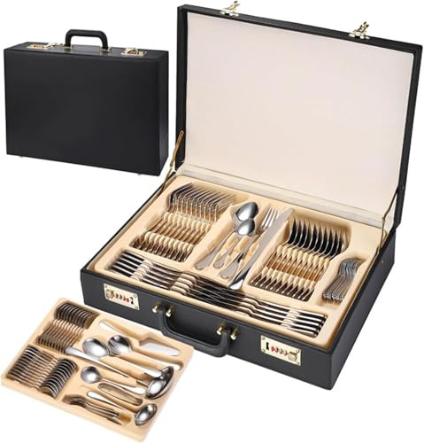 84pcs Set di Posate in Acciaio Inox Posate Lucidate A Specchio Set di Utensili con Valigia Coltello in Stile Occidentale Forchetta E Cucchiaio Posate per Feste di Nozze, Gold