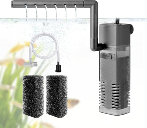 VILLNO 4W Leiser Aquarium Innenfilter, 4-IN-1 300L/H Mini Aquarium Filter mit Sauerstoffzufuhr–für 8-40L Kleine Fische Garnelen Fischbrut und Schildkröten Aquarien, mit wechselbarem Filterschwamm