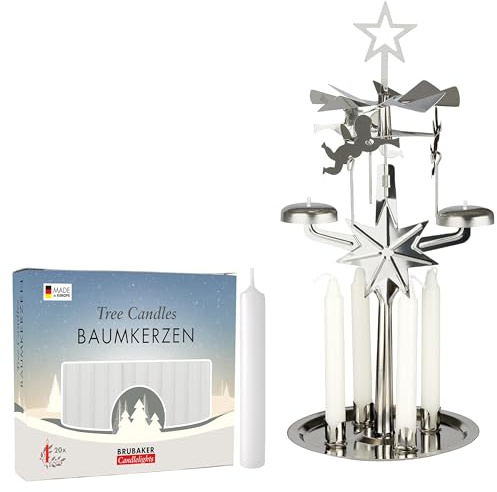 BRUBAKER Metal Chime Lights incl. Pack of 20 White Candles - Carousel Candle Holder with Angels - Rotating Table Pyramid - Christmas Pyramid for Seasonal Festive Decor - Silver