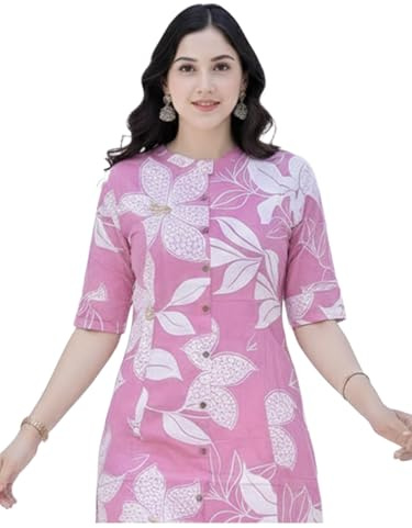 GoSriKi Damkurta set viskos-tryckt klänning med byxor etnisk klänning för kvinnor, kontorskläder, traditionell indisk klänning, rosa, M