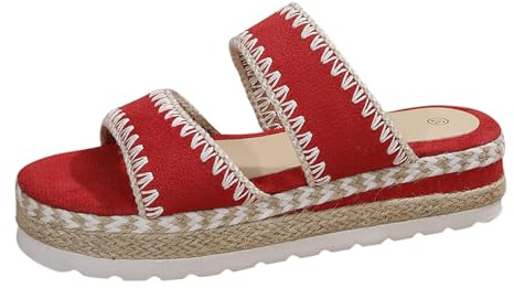 Dam espadriller pantoletter, platåsandaler, tofflor, låg kilklack, öppen tåparti, tofflor, eleganta, bekväma boho-tofflor, strandskor från bast, strand, semester, röd, 37 EU