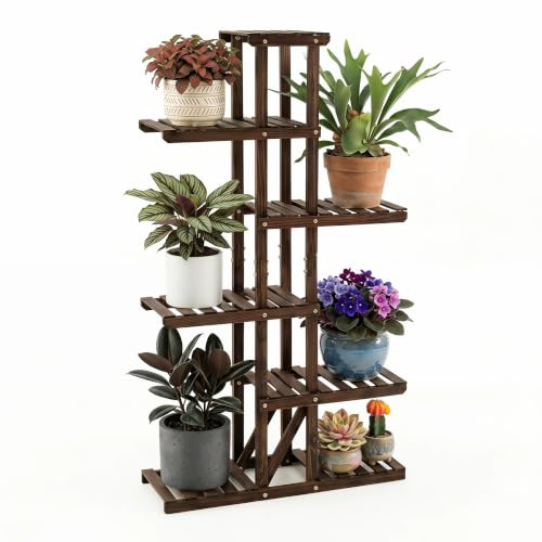 GYMAX Support Plantes Intérieur en Bois, Porte-Plantes, Étagère à Fleurs | 6 Niveaux, Gain de Place pour Salon Balcon Terrasse et Jardin, 75 x 25 x 140 cm, Charge 60 kg