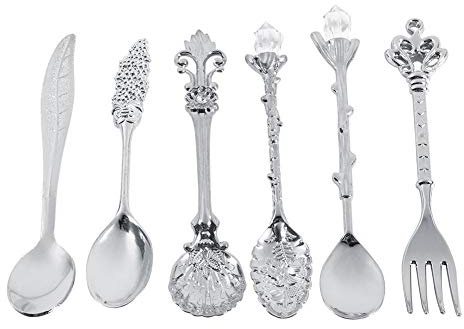 Yosoo 6Pcs Talló Las cucharas y la bifurcación del Postre de la Fruta del Helado del café de La aleación de Zinc Retro del Estilo de la Vendimia, Oro/Astilla/latón Rojo/latón Antiguo (Color : Silver)
