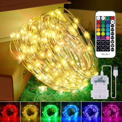 10M 100er Bunt Lichterkette Batterie & USB, 132 Modi 16 Farben LED Lichterkette Außen, Lichterkette Innen mit Fernbedienung, Kupferdraht Lichterkette Dimmbar für Valentinstag Zimmer Garten