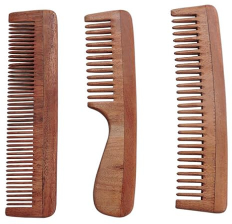 Neem Wood Comb Set of 3 with Zipper Pouch | Fine Tooth, Wide Tooth & Handle Comb | Natural Wooden Combs for Hair & Scalp Health | Value Saver Pack