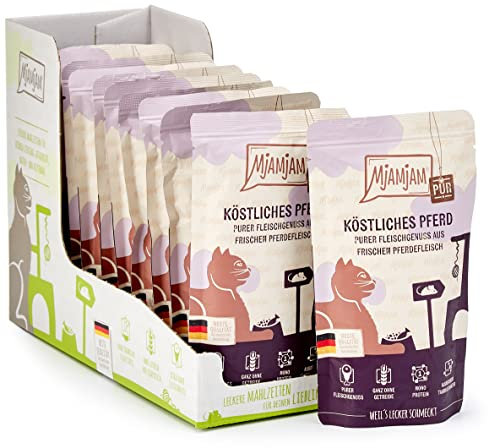 MjAMjAM - Premium Nassfutter für Katzen - Quetschie - purer Fleischgenuss - zartes Pferd pur, 12er Pack (12 x 125 g), getreidefrei mit extra Fleisch