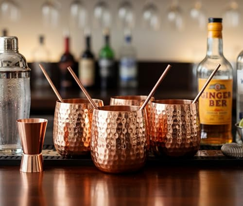 eSplanade Moscow Mule Lot de 4 tasses à cocktail en cuivre avec 4 pailles en cuivre et un mesureur de pince