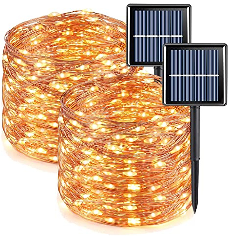 QITONG Warm White Solar Fairy Lights, 2 Pack Each 66ft 200 LED String Lights Outdoor, Silver Wire Solar Christmas Lights