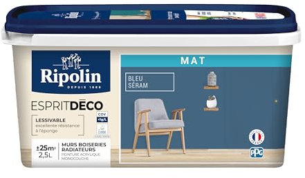 RIPOLIN - Peinture Intérieure Multi-Supports – Murs, Boiseries et Radiateurs – Ultra Couvrante – Lessivable – Application Facile – Ecolabel - Aspect Mat - 2.5L - Bleu Seram