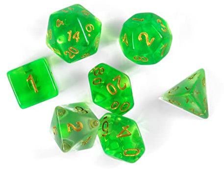 shibby 7 polyedrische Würfel für Rollen- und Tabletopspiele in transparent mit Farbverlauf/Grün mit Beutel