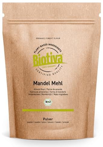 Biotiva Harina de almendra orgánica 1000g - sustituto de la harina sin gluten - rica en fibra y proteínas - en pastelería y repostería - controlada y rellenada en Alemania
