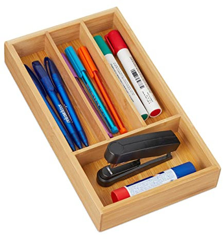 Relaxdays Schubladenorganizer aus Bambus, 4 Fächer, HxBxT: 4 x 16 x 28 cm, Schubladeneinsatz für Büro & Zuhause, Natur