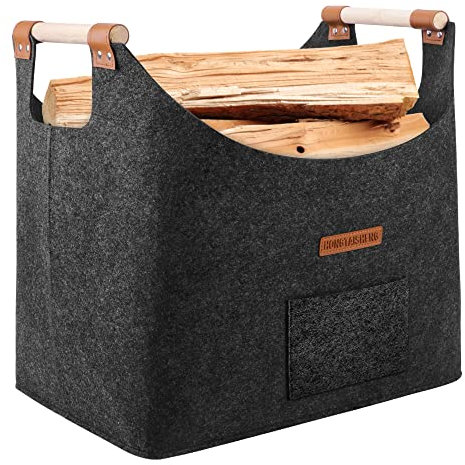 XL Log Baskets felt Bag extra thick felt and reinforced handle | Log Baskets for Wood Burner Indoor & shopping, wood, newspaper or firewood (dark grey)