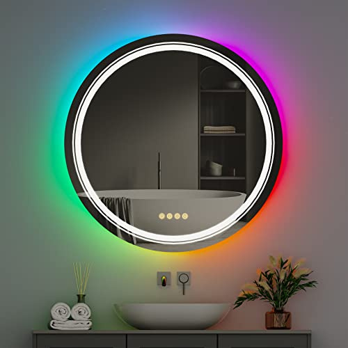 LUVODI Rund LED-badrumsspegel RGB: Färgförändring spegel rund 60 cm med bakgrundsbelysning och frontbelysning, 4 touchbrytare, dimfri, dimbar, minnesfunktion väggspegel för badrum party bar