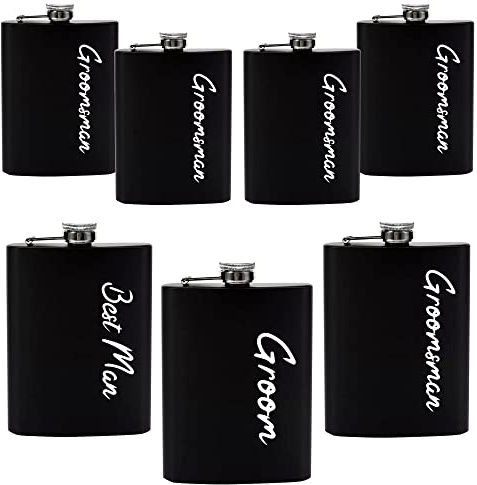 PartyGifts&beyond Groomsmen Proposal Gifts, Bachelor Party Gifts - Set of 7 Groomsmen Flasks Groom Hip Flasks for Liquor for Men(WD-Squiggle)