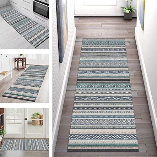 Teppich Läufer Flur Küche rutschfest Waschbar Teppichläufer Lang Teppichmatte 80X200CM Grau Blau Weiß 3D Küchenläufer Anti-Rutsch Meterware Korridor Tepiche Schlafzimmer Esszimmer Schmutzfangmatte