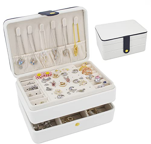 Douzi Schmuckkästchen, kleiner Reise-Schmuck-Organisator, tragbarer Schmuckkoffer für Frauen, Mädchen, Geschenk, doppelte Lagen PU-Leder-Schmuckhalter für Ringe, Ohrringe, Halsketten - weiß