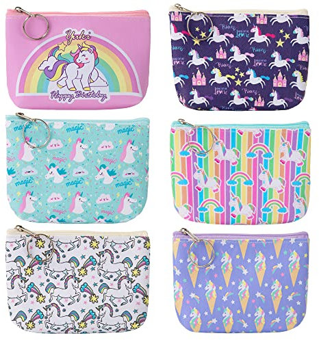 Mini Geldbörse Kinder Münzbeutel, Einhorn Portemonnaie Täschchen mit Reißverschluss, Leder PU Kleingeldbörse für Coin, Schlüssel, Kopfhörer, Lippenstift (6 Stück)
