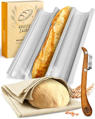 KRUSTENZAUBER Molde para baguette antiadherente, incluye correa de panadería y cuchillo de panadería, bandeja de 3 unidades, ideal como bandeja para baguette