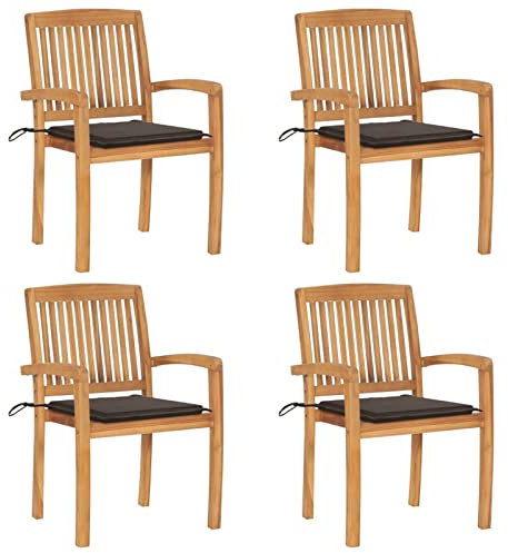 Festnight Stapelstuhl Garten Holz 4er Set,Gartenstuhl Stapelbar,Holzstuhl Garten Balkonstühle Holz Stapelbare Stühle Gartenstuhl Hochlehner Stapelbar mit Taupe Kissen Massivholz Teak