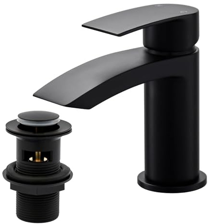 BATHWEST Black Waterfall Basin Mixer Taps with Drain, Powder Coated Brass Monobloc Bathroom Sink Tap with Pop Up Waste 882AMB