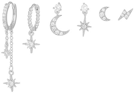 TOEECY Ohrringe Set 6 Pcs Sterling Silber Gold Ohrstecker Set Mond Und Die Sterne Zirkonia Ohrringe Vergoldete Creolen mit Anhänger Minimalistische Earings