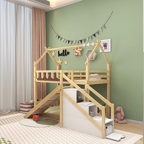 kubeier Letto a Castello, Letto di casa con Scale e recinzioni, con Scala di stoccaggio e Scivolo, Letto per Bambini con Protezione anticaduta e ringhiera, Struttura in Pino, Naturale (90x200cm)