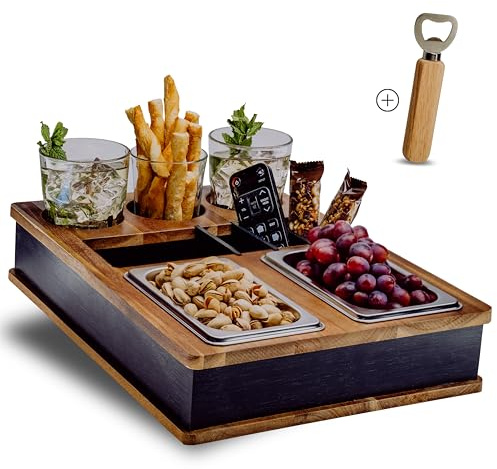 CouchBar - Extrem Robust & Langlebig Premium Akazien Holz Couchbutler I Edles Design I 3 Getränkehalter I Flexible Einteilung I Mit Flaschenöffner I Couch organizer Geschenk Für Männer & Frauen