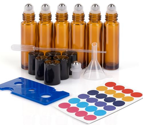 ComSaf Rullflaskor för eteriska oljor i 6 st, 10 ml glasrulle på flaska set med kulor i rostfritt stål, bärnstensglasflaskor med etiketter, dropper, tratt, för eteriska oljor, parfym, aromaterapi