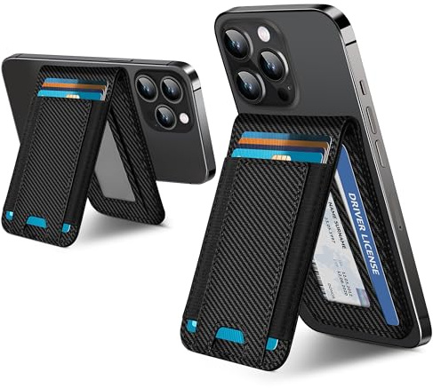 ExtreLife 2-in-1 Magsafe Wallet, Adjustable Stand and Open ID Window, Magnetic Wallet for iPhone 17/16/15/14 Pro Max/14 Pro/14/14 Plus/13/12 Series, 9 Cards, Black Carbon Fiber
