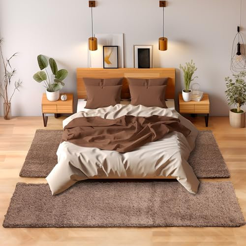 SIMPEX Bettvorleger Schlafzimmer Teppich Läufer Flur Teppich Küchenläufer Hochflor 3 Teiliger Set Bettumrandung Einfarbig Modernes Design Soft Flauschig & Extra Weich Farbe: Mocca