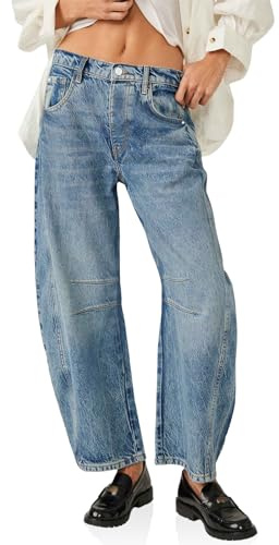Imily Bela Damen Baggy Jeans, Boyfriend Stil, Vintage, weites Bein, Mid Rise Barrel-Denim Knöchelhosen(Plus Größen bis 4XL) Weiblich Jeans Blau 4