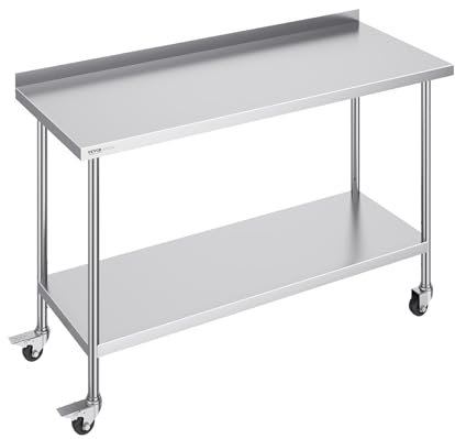 VEVOR 24 x 60 x 40 Inch Stainless Steel Work Table, Commercial Food Prep Worktable with Casters, Heavy Duty Prep Worktable, Metal Work Table with Adjustable Height for Restaurant, Home and Hotel