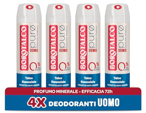Borotalco, Deodorante Uomo Spray Puro, con Talco Essenziale, Formula Senza Alcool e Sali di Alluminio, Asciutto Anti-Odori, 72h di Efficacia, Profumo Minerale - 4 Flaconi da 150 ml