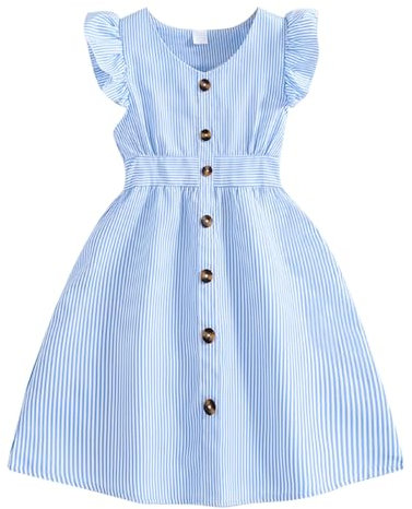 Kleider für Mädchen Sommer Stilvolle Schöne Kinderkleid Sommer Kinderkleid Neues, gestreiftes Hemdkleid mit fliegenden Ärmeln Kinderkleid Mädchen Kleider Hochzeit Einschulung (Sky Blue, 9-10 Years)