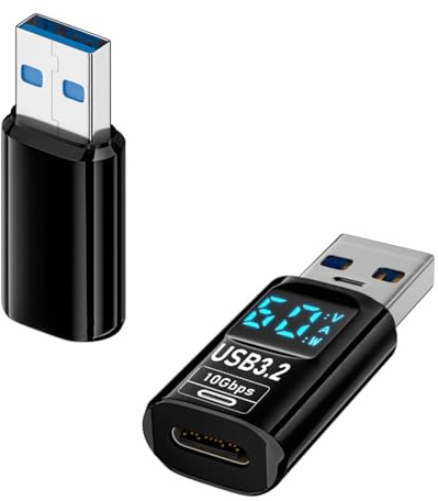 QIANRENON PD 60 W USB 3.2 macho a tipo C hembra, conector de pantalla digital, 10 Gbps de carga, adaptador A a C, carga en tiempo real, 2 unidades